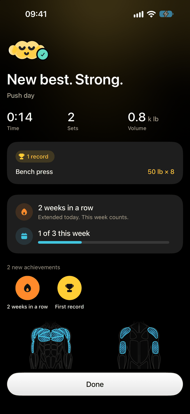 Workout summary: new best, bench press 50 lb by 8