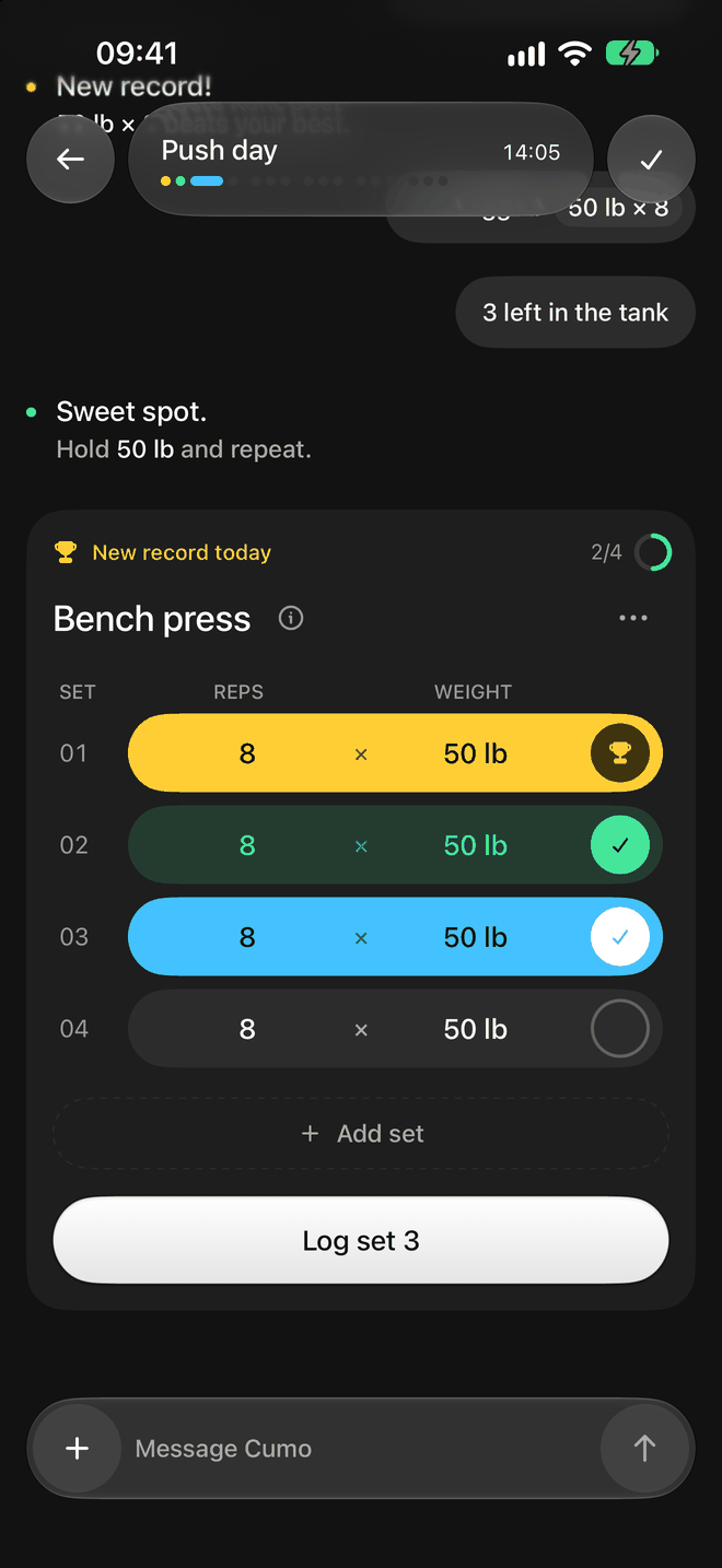 Cumo workout screen